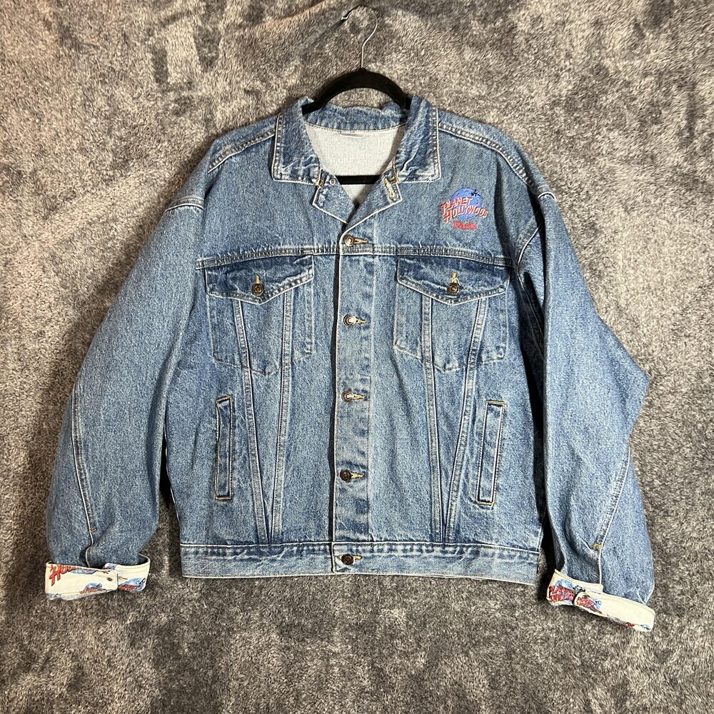 Vintage Planet Hollywood Jacket Mens Large Blue Denim Paris Embroidered 90s
